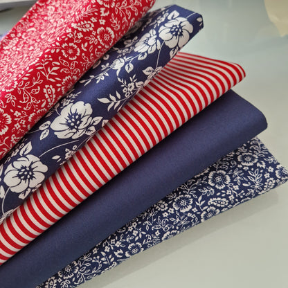 Red & Navy 100% Cotton Fabric Bundles Fat Quarters Squares