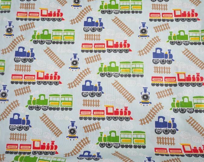 Blue Polycotton Fabric Train Material Kids Boy Nursey Steam Train Engine Railway