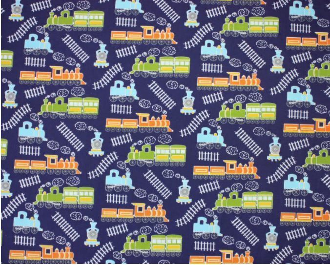 Blue Polycotton Fabric Train Material Kids Boy Nursey Steam Train Engine Railway