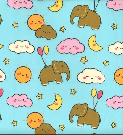 Elephant Polycotton Fabric Childrens Kids Nursery Baby Balloons Clouds Craft