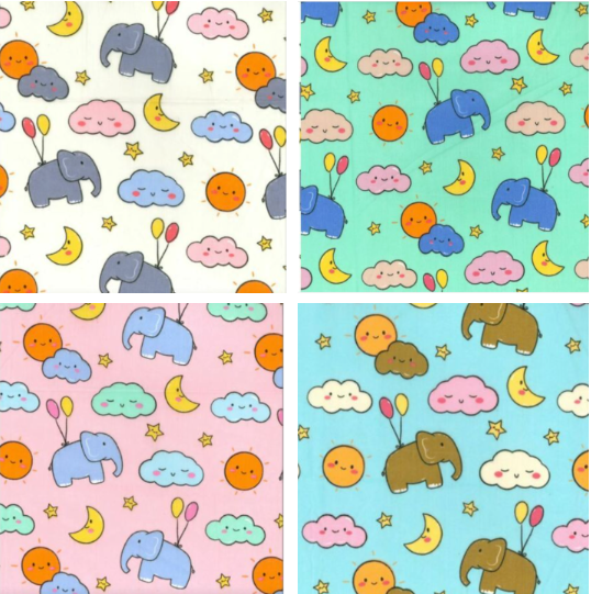 Elephant Polycotton Fabric Childrens Kids Nursery Baby Balloons Clouds Craft