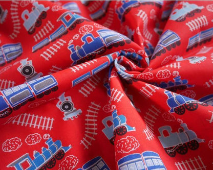 Blue Polycotton Fabric Train Material Kids Boy Nursey Steam Train Engine Railway