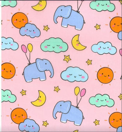 Elephant Polycotton Fabric Childrens Kids Nursery Baby Balloons Clouds Craft