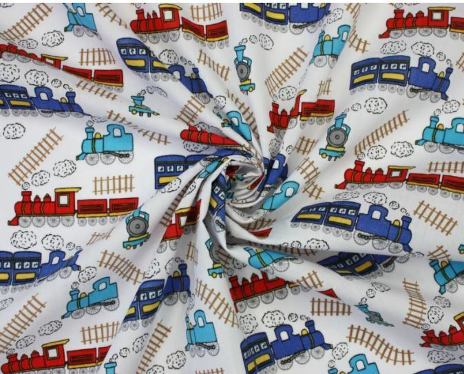 Blue Polycotton Fabric Train Material Kids Boy Nursey Steam Train Engine Railway