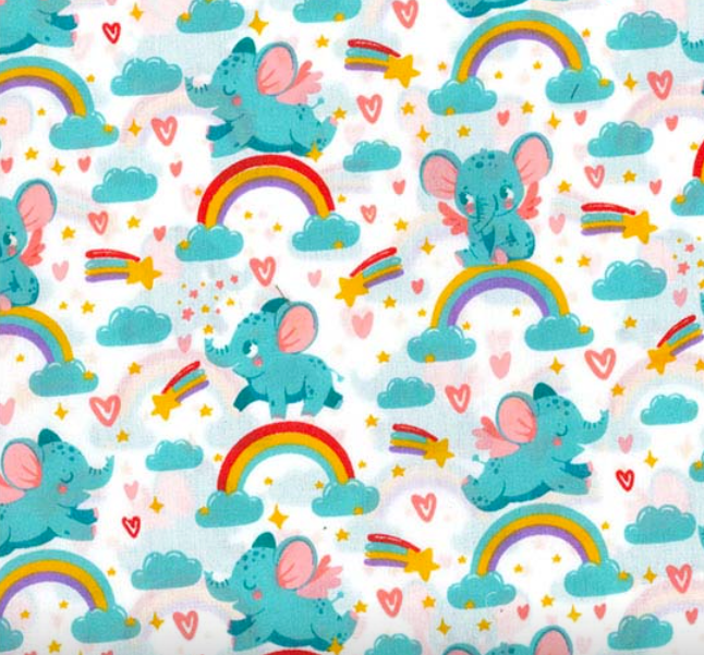 Elephant Polycotton Fabric Kids Nursery Baby Material Clouds Rainbow