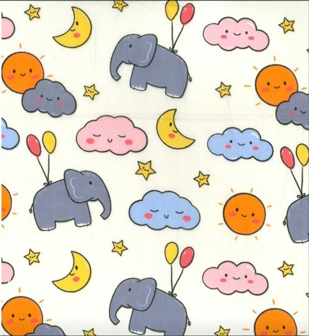 Elephant Polycotton Fabric Childrens Kids Nursery Baby Balloons Clouds Craft