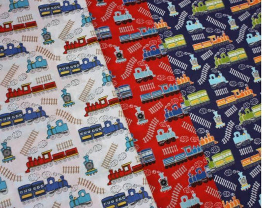 Blue Polycotton Fabric Train Material Kids Boy Nursey Steam Train Engine Railway