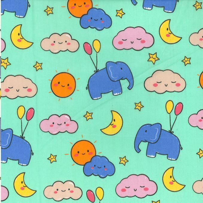 Elephant Polycotton Fabric Childrens Kids Nursery Baby Balloons Clouds Craft